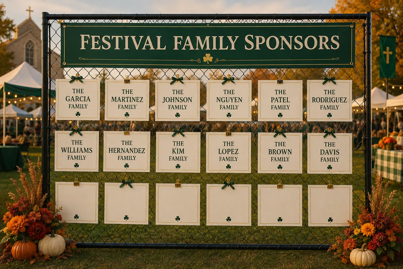Festival Family Sponsors sign on the entrance fence, listing donor family names on cards