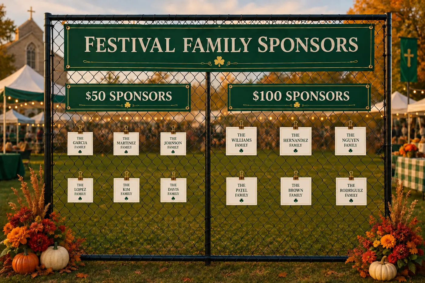 Sponsor sign example showing $50 and $100 sponsorship tiers displayed side by side